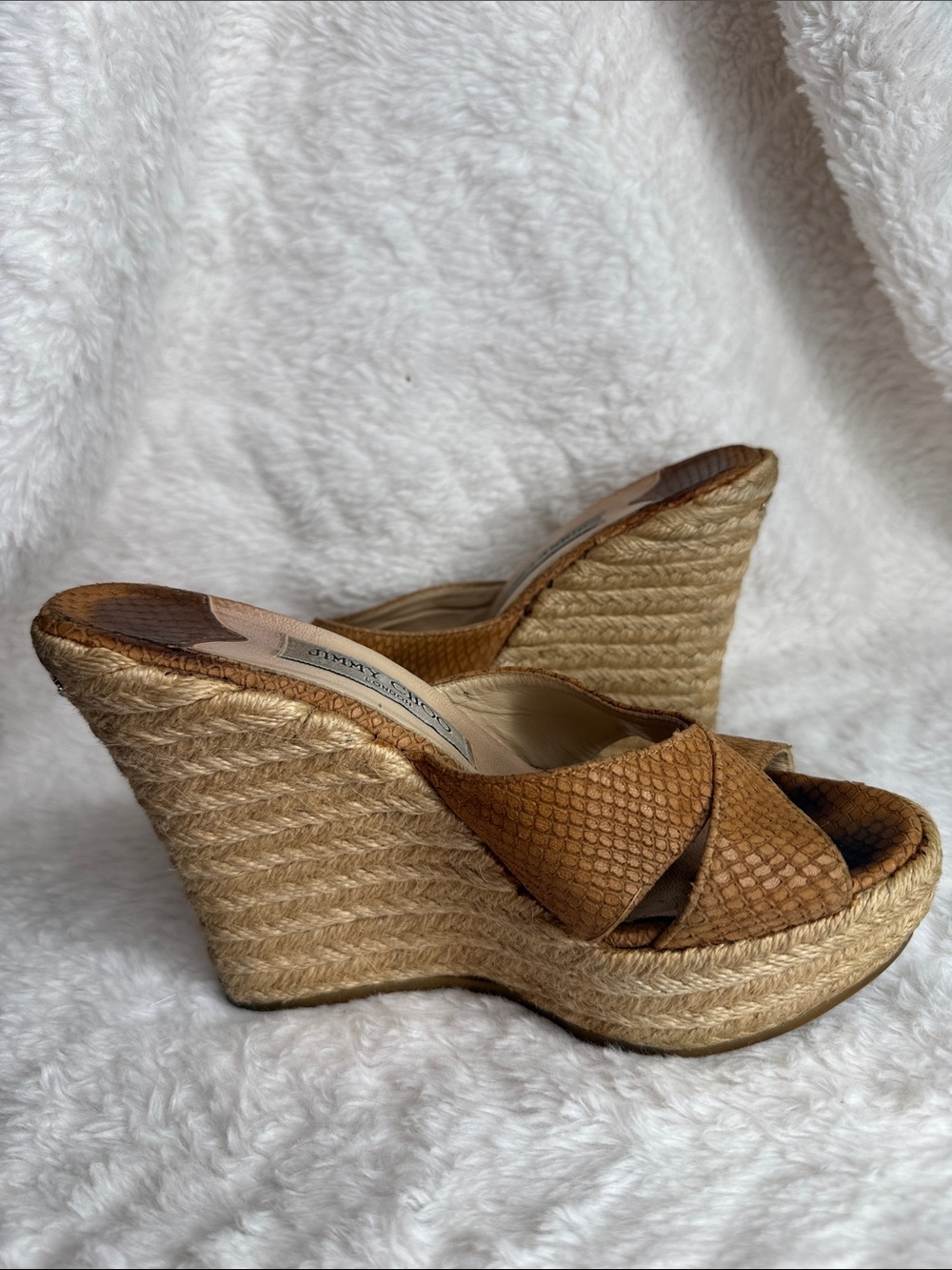 Jimmy Choo Tan Woven Leather Cross-Strap Mules